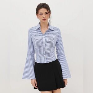 CIDER COTTON-BLEND COLLAR STRIPE RUCHED BELL SLEEVE SHIRT - large